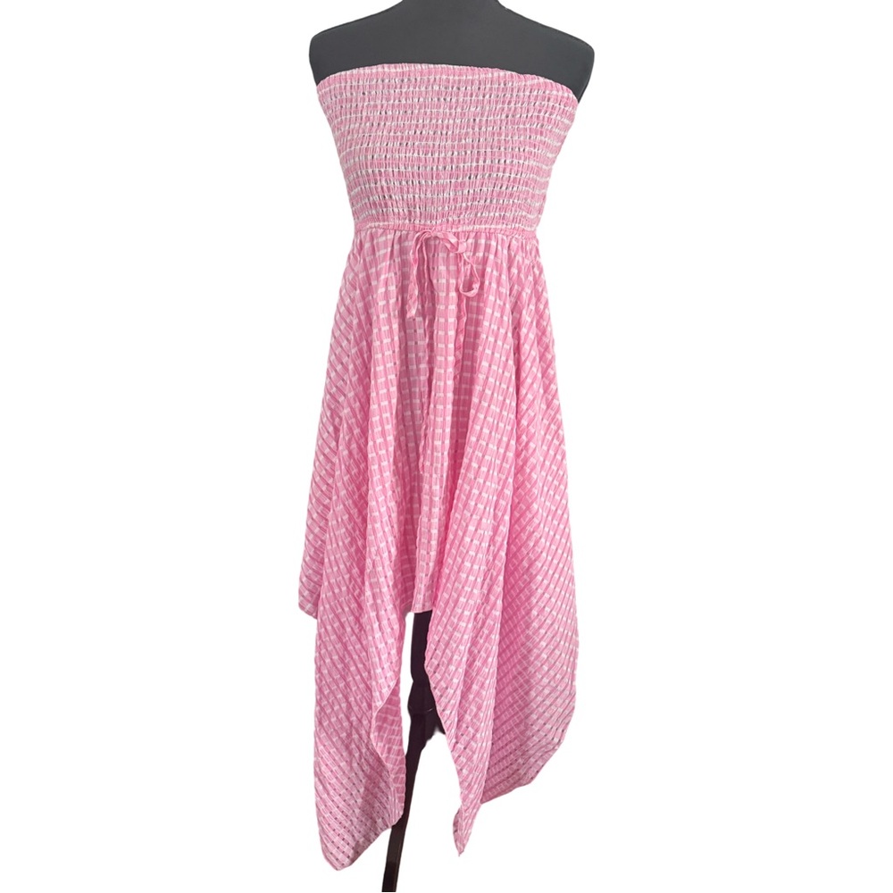 Sason Pink Gingham Strapless Smocked Handkerchief Hem Dress | XL
